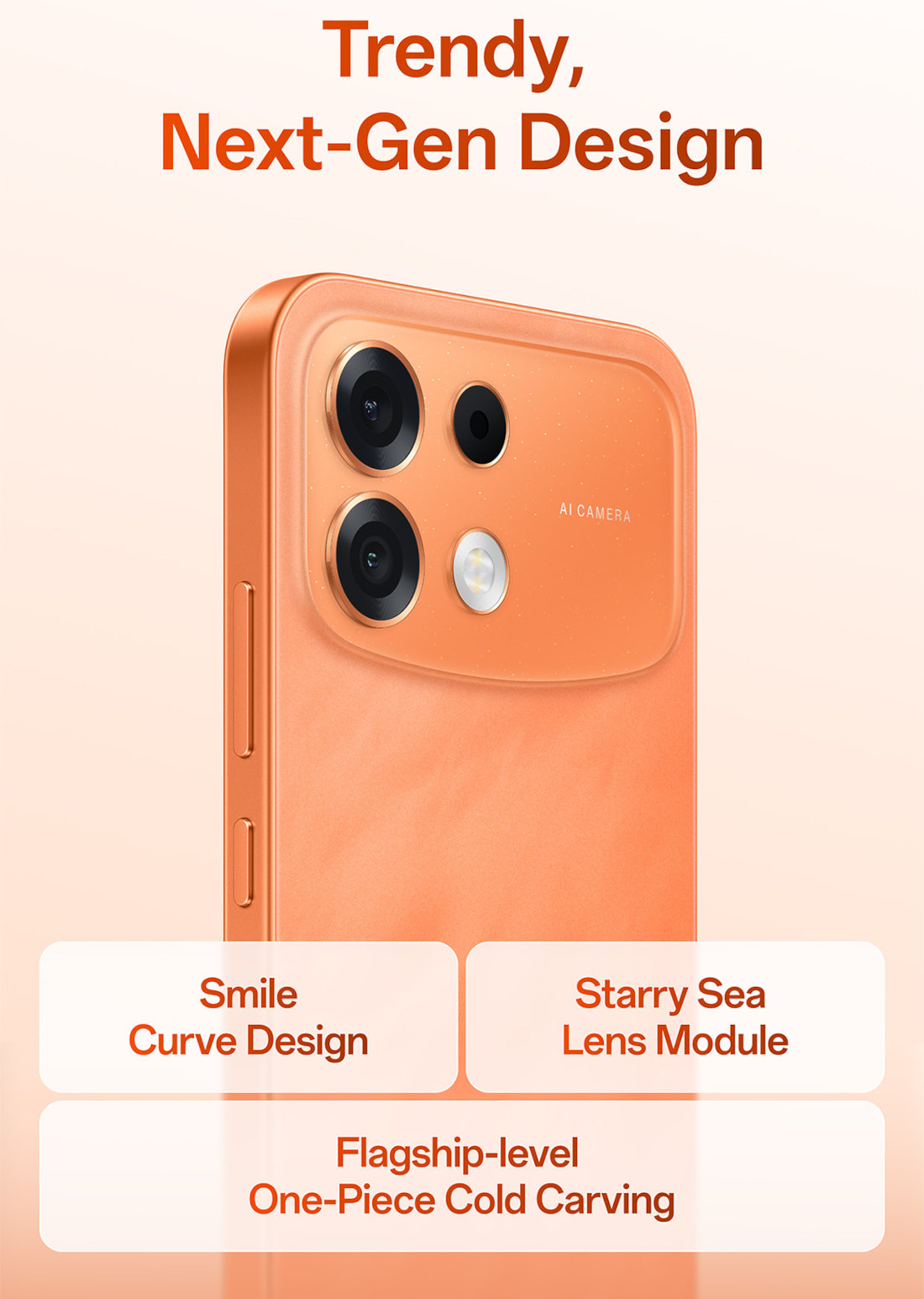 OPPO F35 Pro orange rear close-up showing the Smile Curve Design and Starry Sea lens module