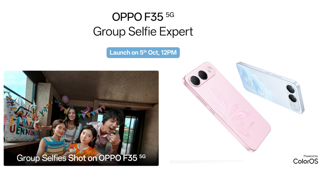OPPO F35 5G launch graphic with pink and light blue phones and a pill-shaped dual camera
