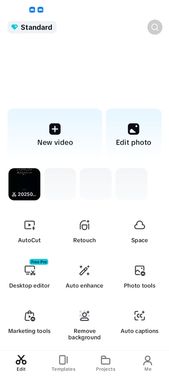 Official CapCut Android home screen showing New video, Templates and Auto captions tools