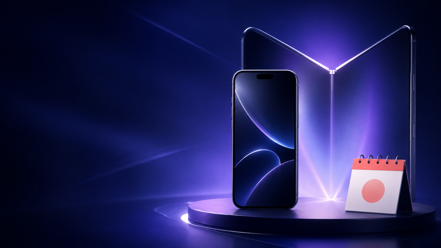 Generic smartphone and foldable phone concept under a glowing Apple event spotlight