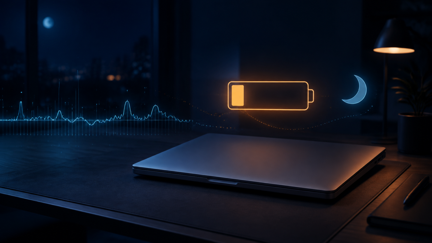 Closed M1 MacBook with battery drain and wake-up diagnostics at night