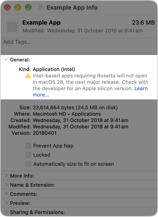 Finder Get Info window showing Kind as Application (Intel)