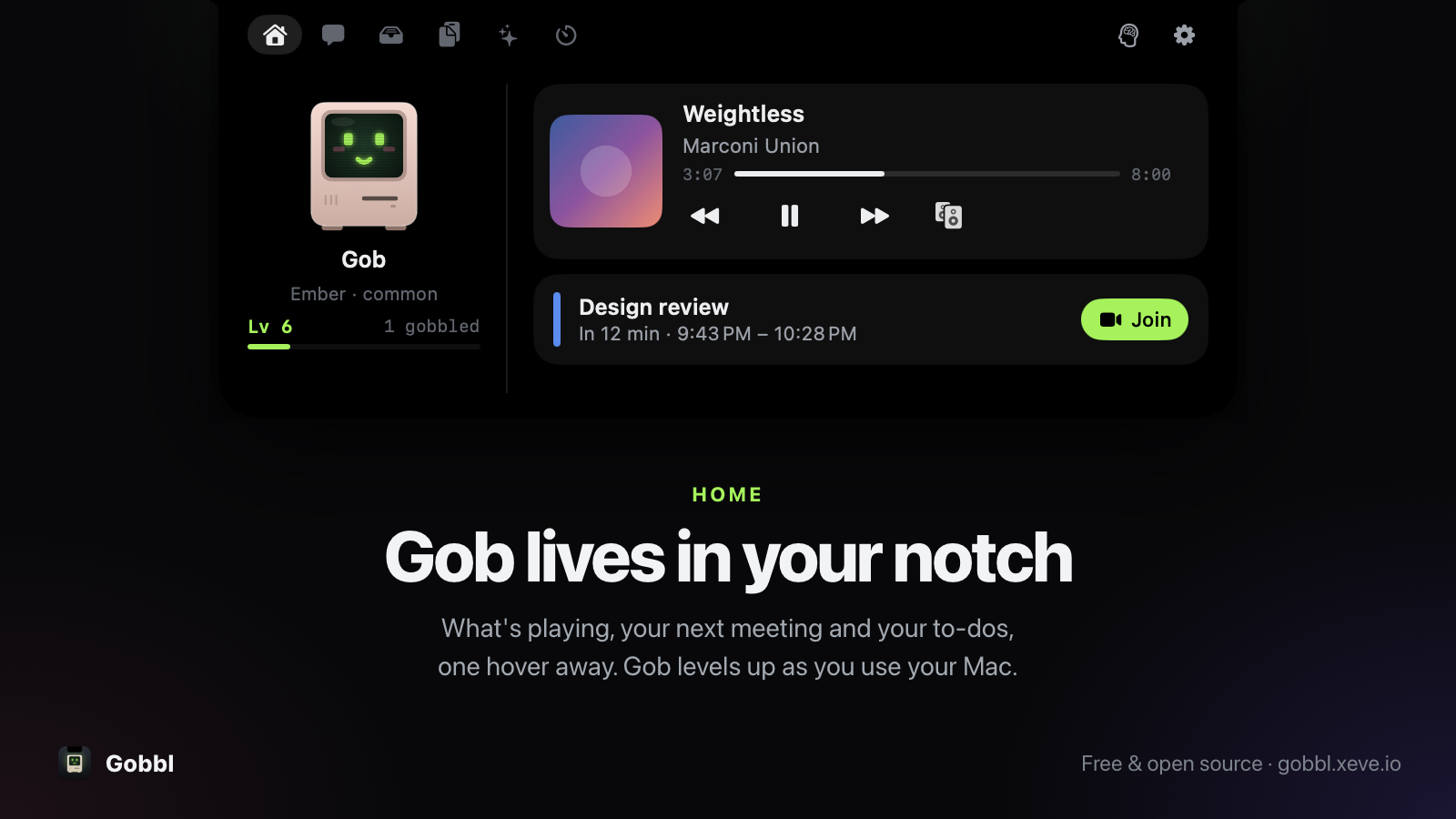 Gobbl Home panel with the Gob pet, music controls and an upcoming meeting in the MacBook notch