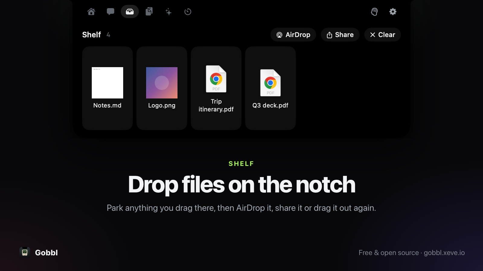 Gobbl Shelf holding four files with AirDrop, Share and Clear controls