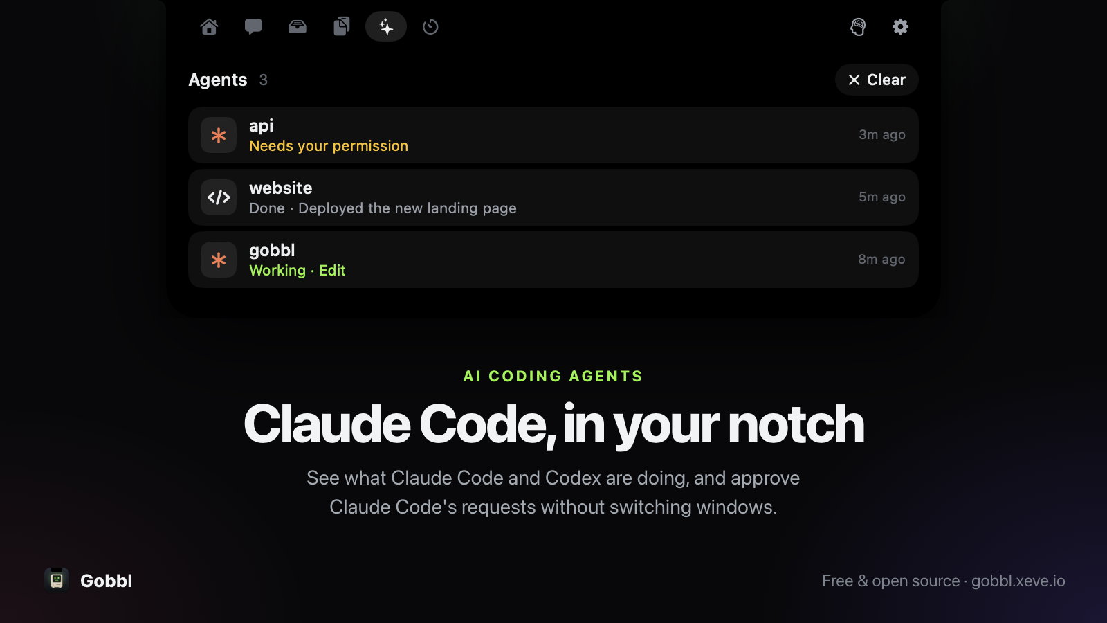 Gobbl Agents panel showing a Claude Code permission request and coding task status