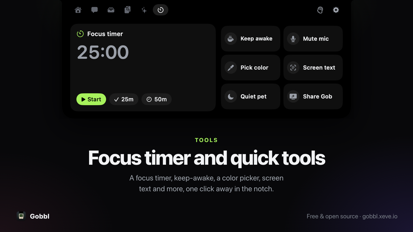 Gobbl Tools panel with a focus timer, keep-awake, microphone mute, colour picker and screen text controls