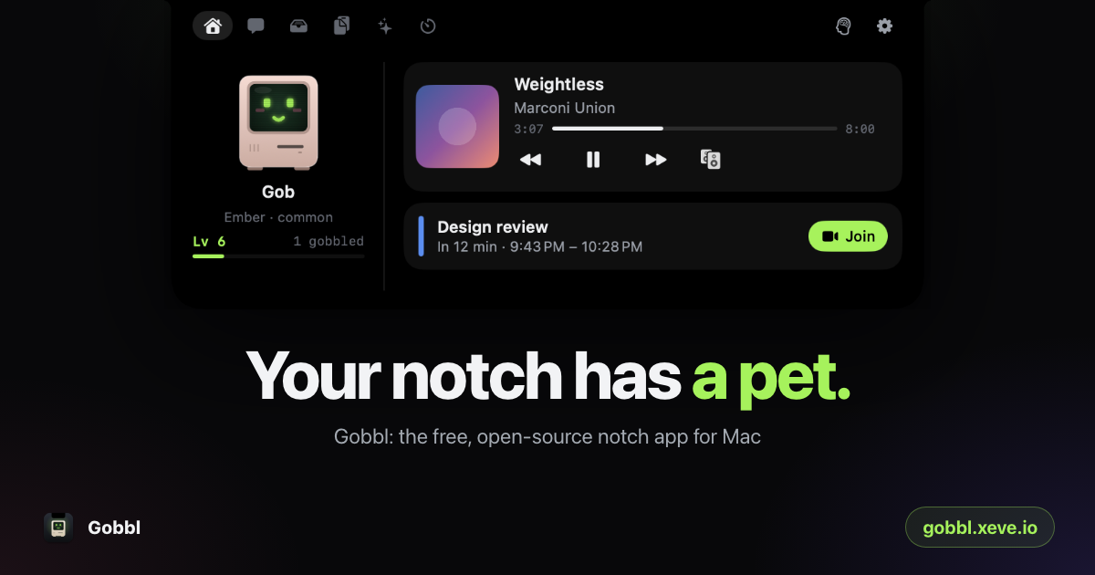 Gobbl for Mac showing the Gob pet, music controls and an upcoming meeting in the MacBook notch