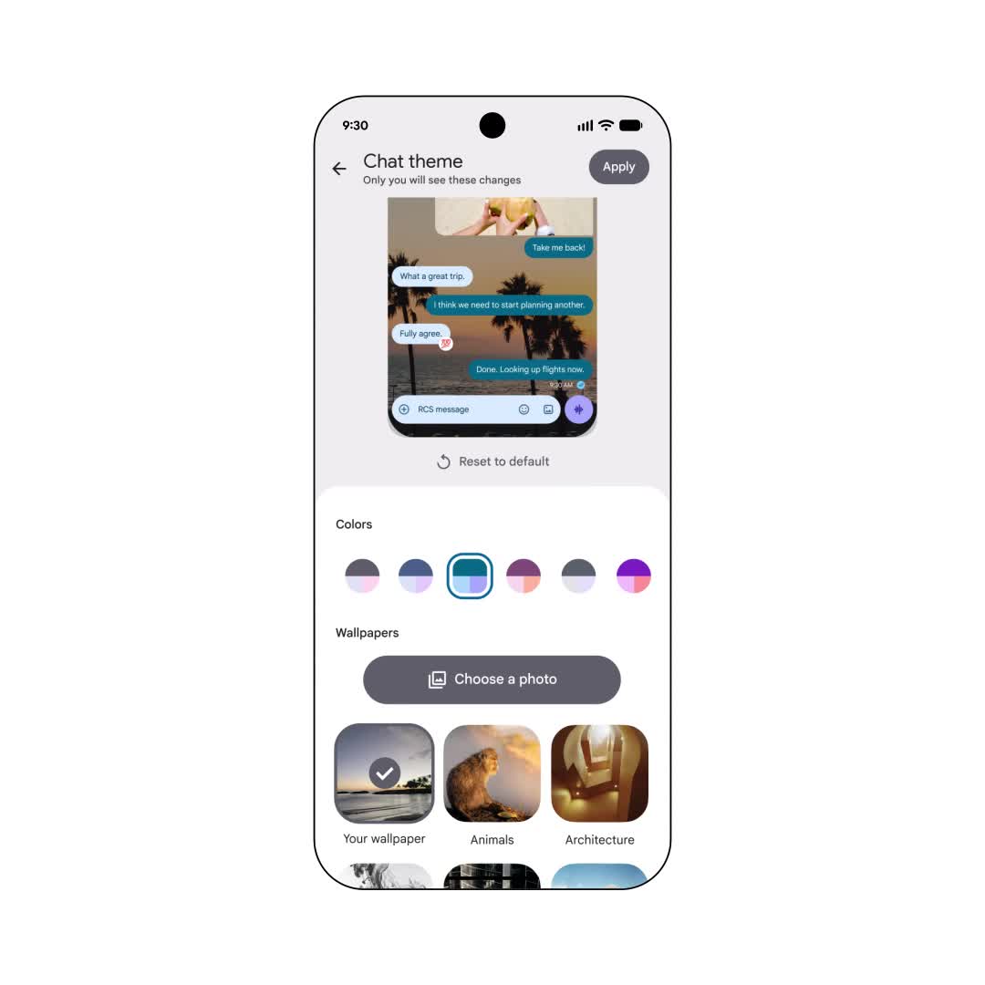 Google Messages chat theme picker with colors and wallpapers