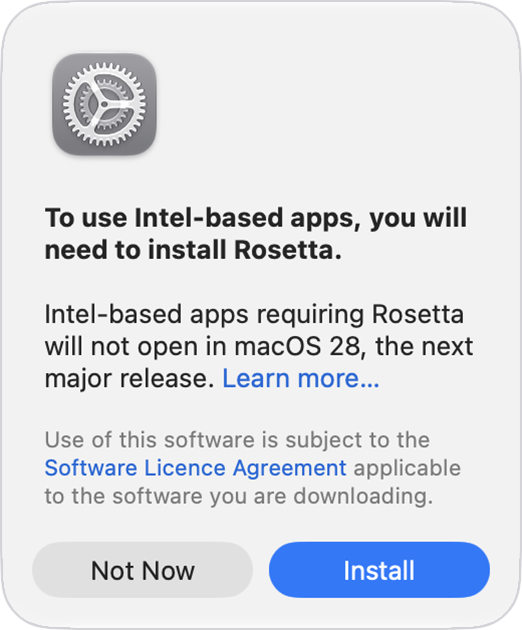 macOS prompt offering to install Rosetta so an Intel-based app can run on Apple silicon