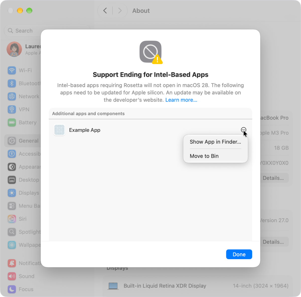 System Settings list of Intel-based apps detected on a Mac