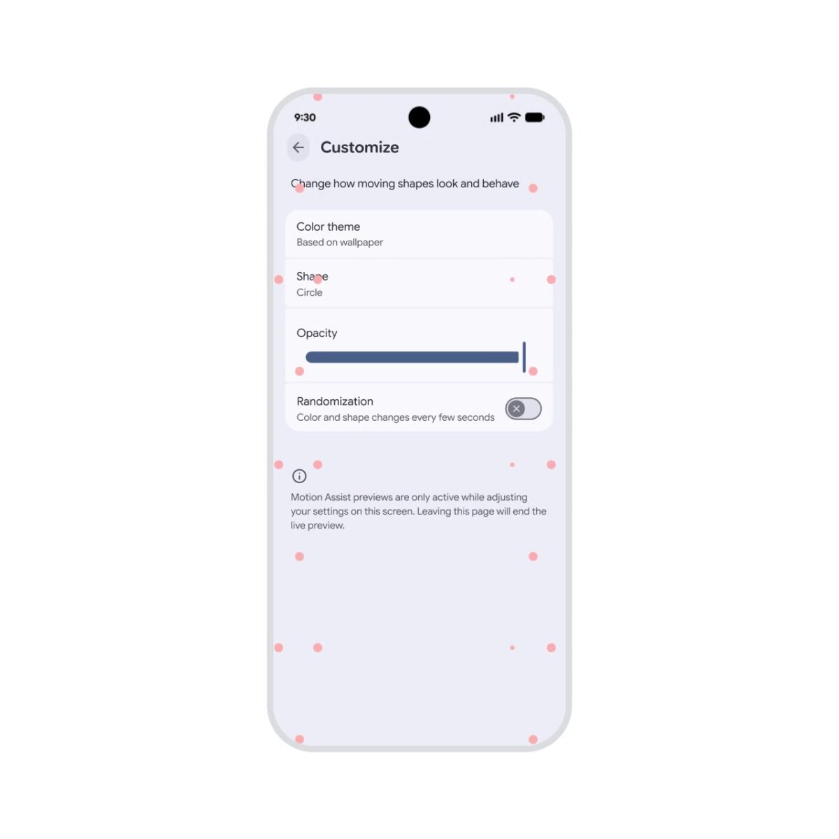 Motion Assist Customize screen for bubble color shape and opacity