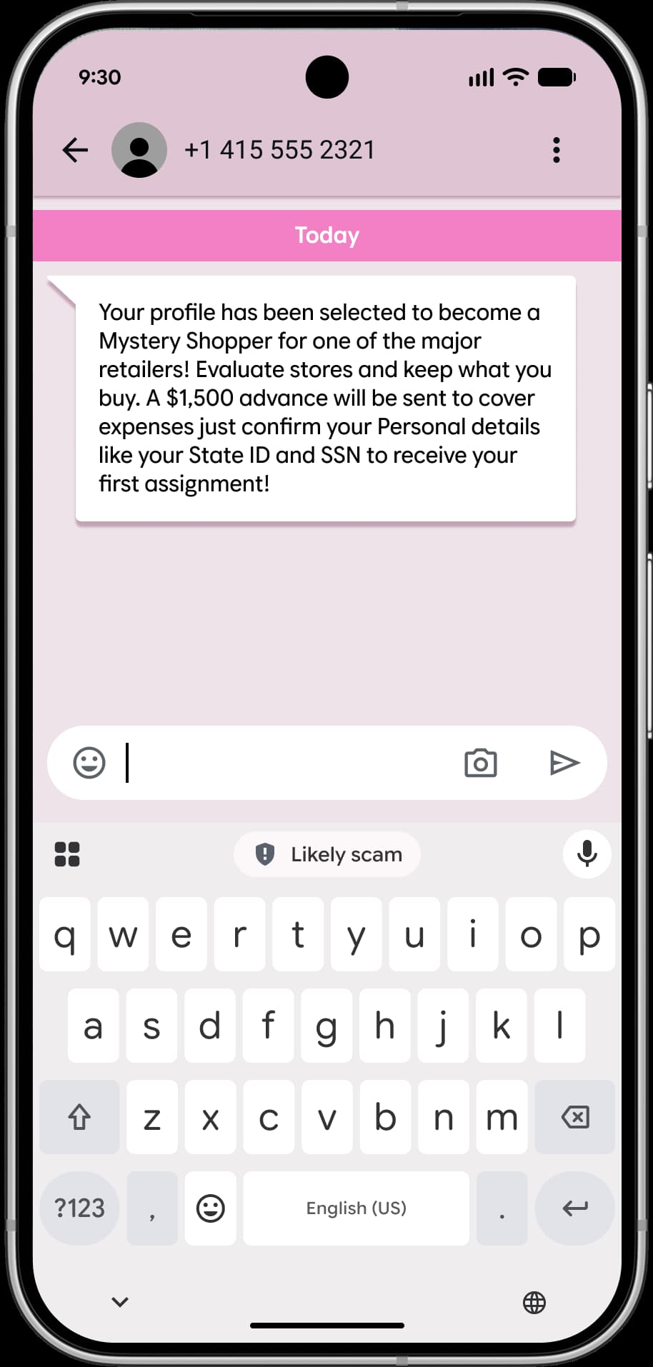 Pixel scam detection Likely scam warning above Gboard in Messages