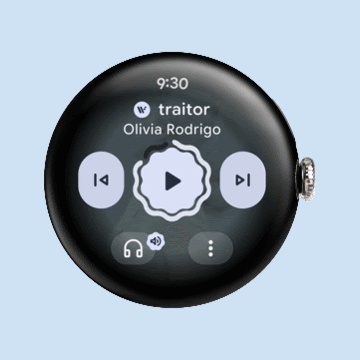 Pixel Watch media controls displaying a double-pinch hint