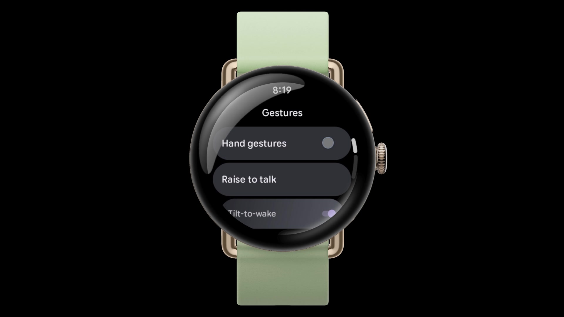 Pixel Watch settings showing Hand gestures and Raise to Talk