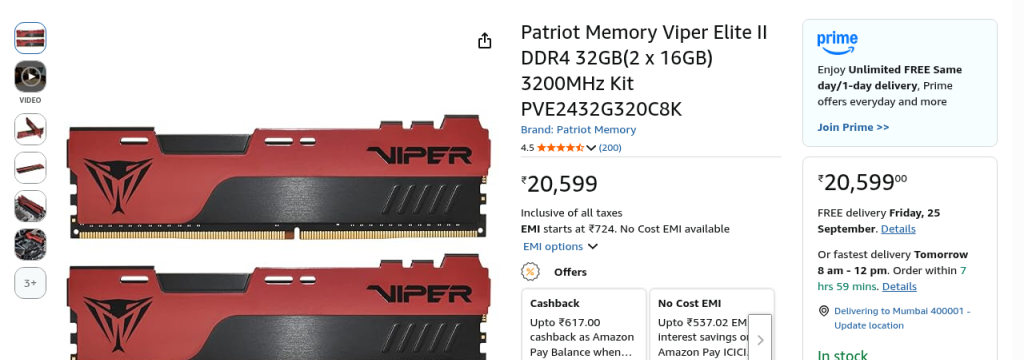 Amazon India listing for Patriot Viper Elite II 32GB DDR4-3200 kit showing a price of ₹20,599
