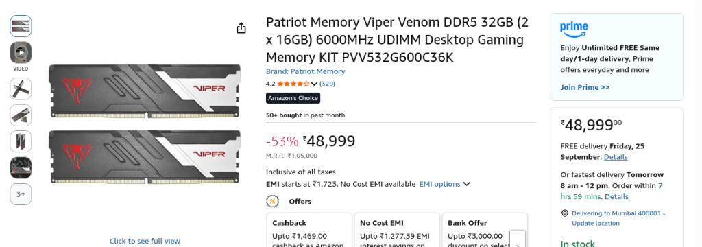 Amazon India listing for Patriot Viper Venom 32GB DDR5-6000 kit showing a price of ₹48,999