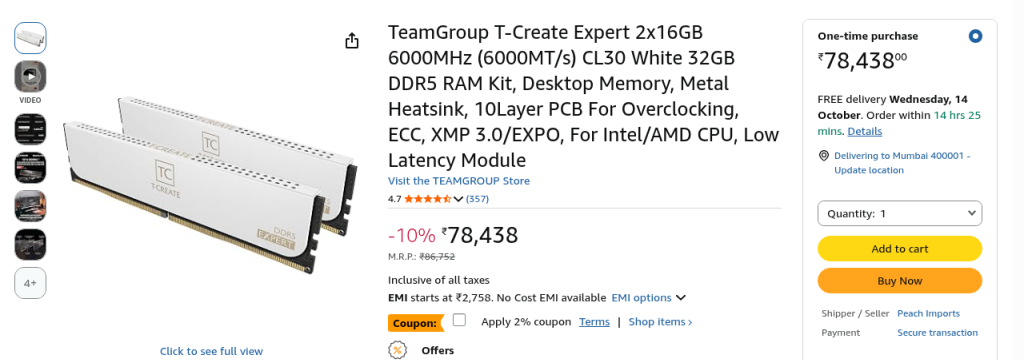 Amazon India listing for TeamGroup T-Create Expert 32GB DDR5-6000 kit showing a price of ₹78,438