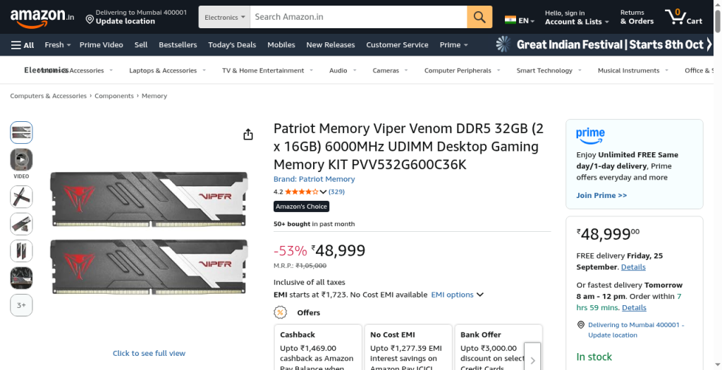 Amazon.in DDR5 RAM kit prices India September 2026