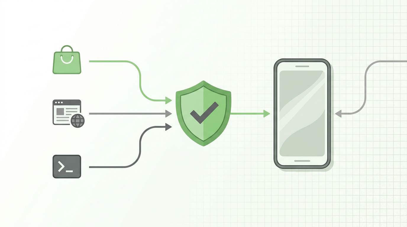 Illustration of Android app installs from app stores, developer websites and advanced sideloading, alongside a developer verification shield