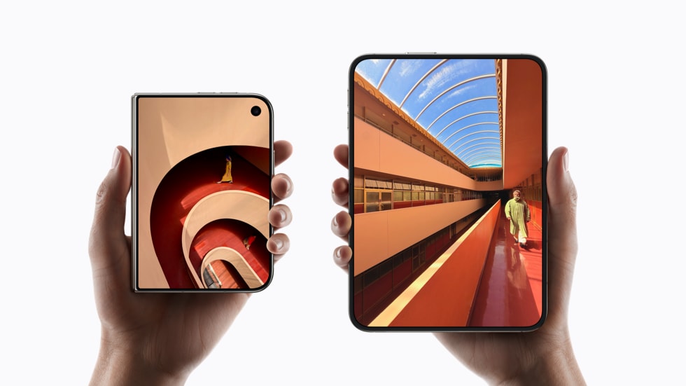 iPhone Duo shown folded and unfolded with the outer and inner displays visible