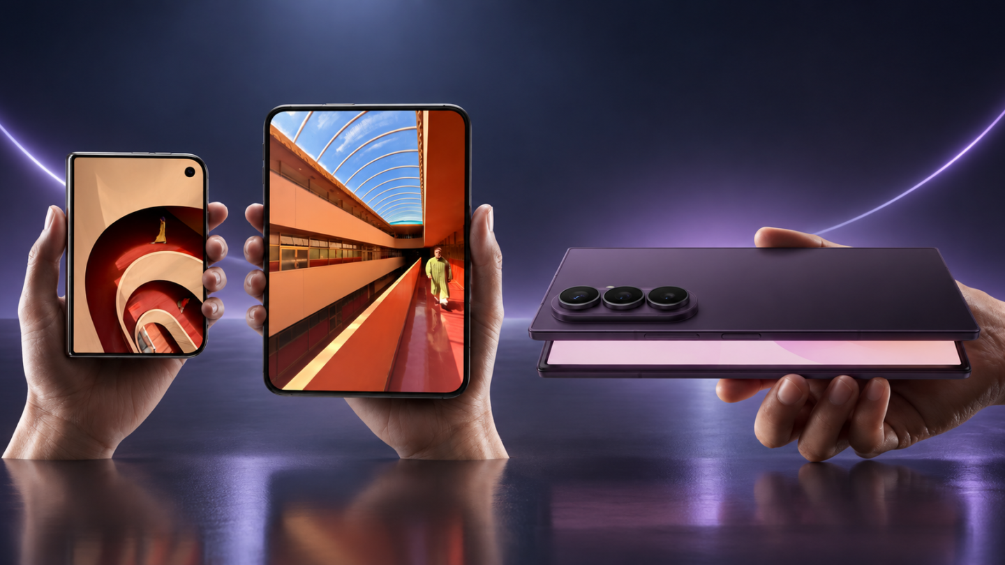 Real iPhone Duo and Galaxy Z Fold8 Ultra product photos side by side on a dark studio background