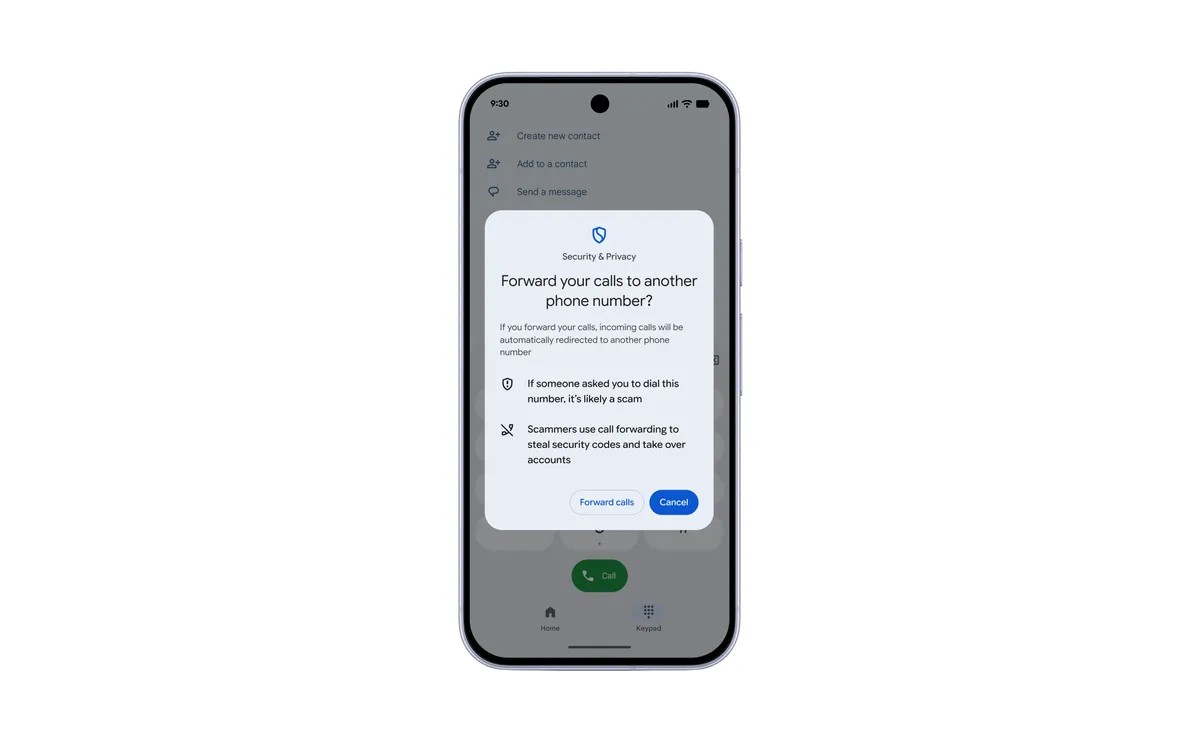 Android call forwarding protection warning concept from Google