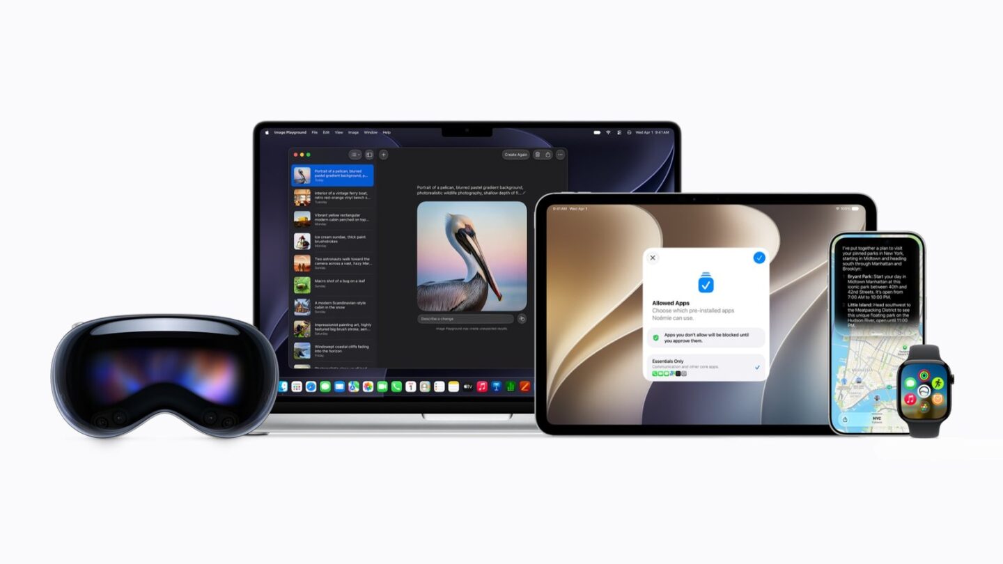 Apple Vision Pro, MacBook, iPad, iPhone and Apple Watch lined up, all running Apple's 27 software updates