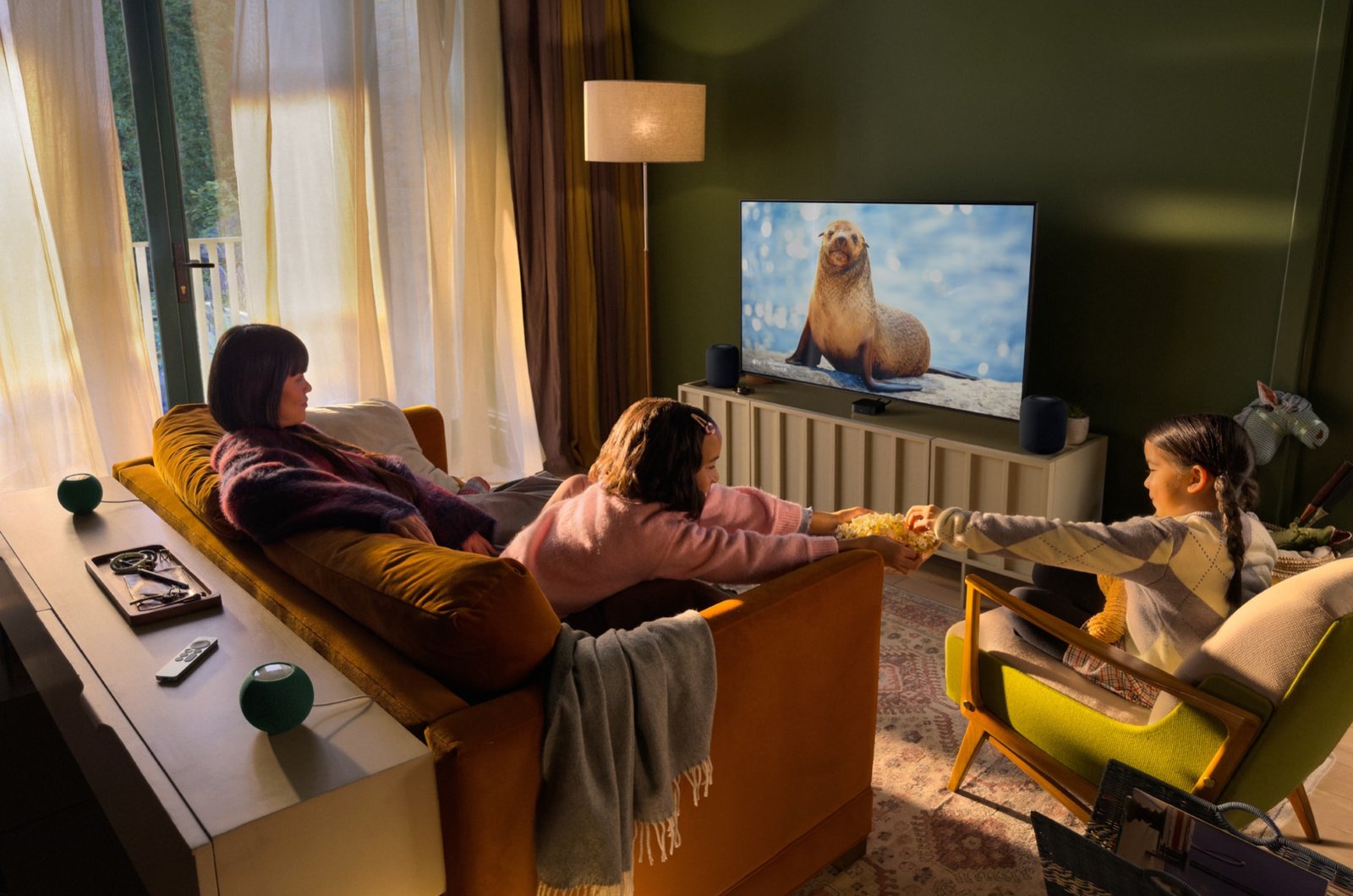 Living room movie night with Apple TV 4K and HomePod speakers