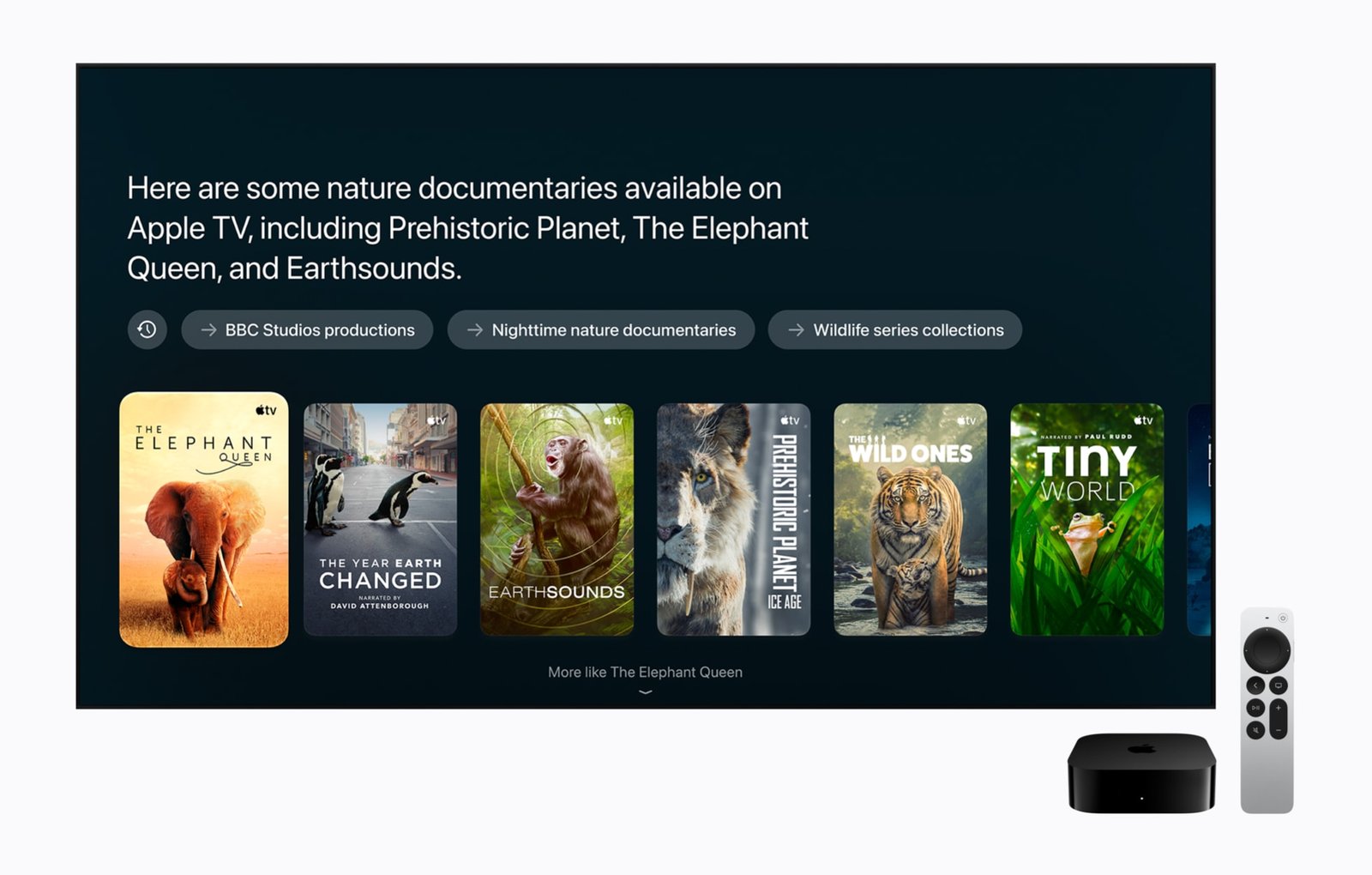 Apple TV 4K Siri AI showing nature documentary suggestions on screen