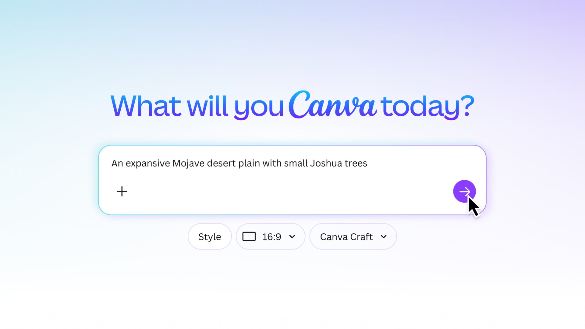 Canva prompt box with a Mojave desert prompt, a 16:9 aspect ratio option and Canva Craft selected as the model