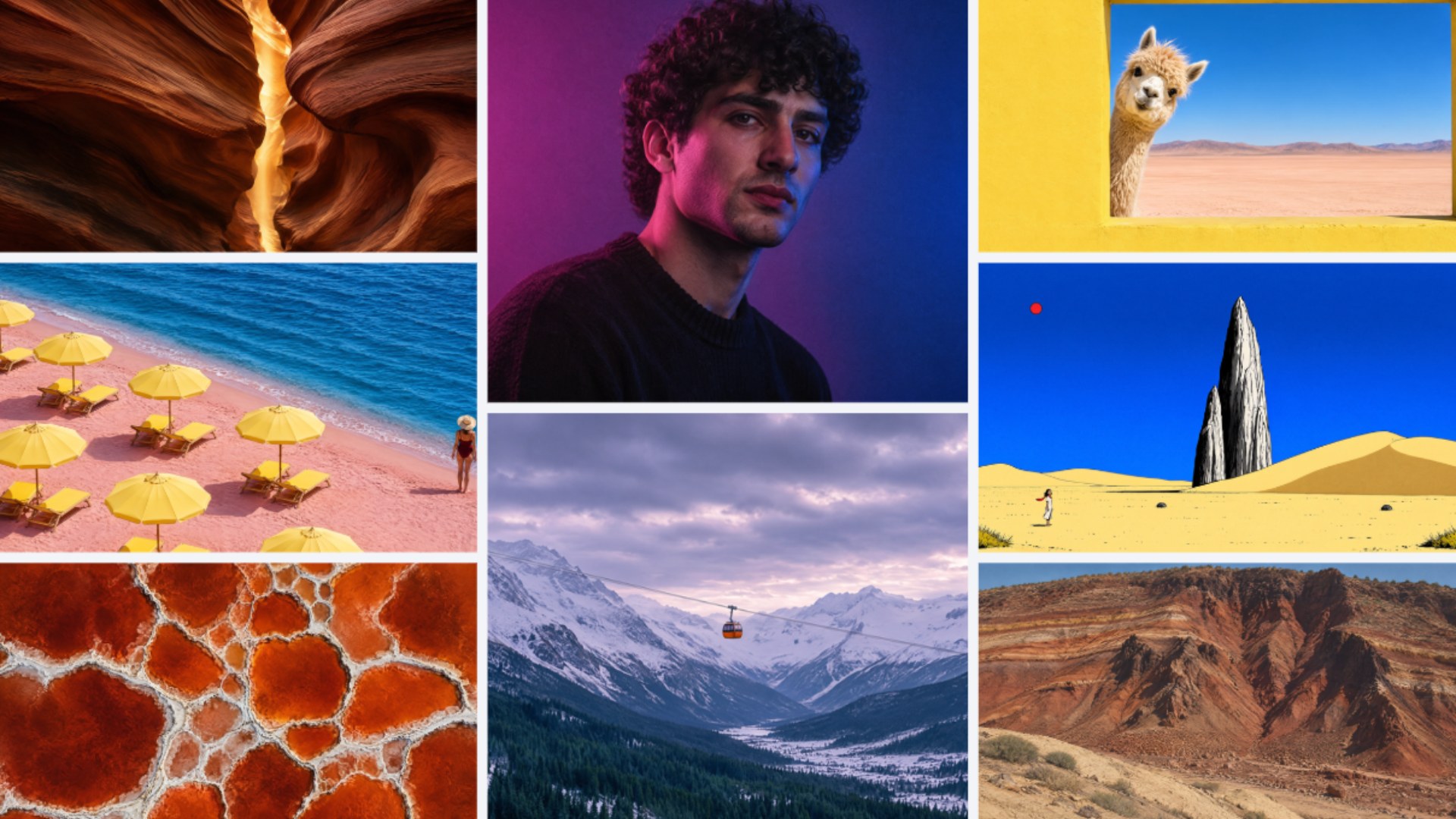 Grid of Canva Craft sample images showing a portrait, a canyon, a beach, mountains, desert scenes and a llama