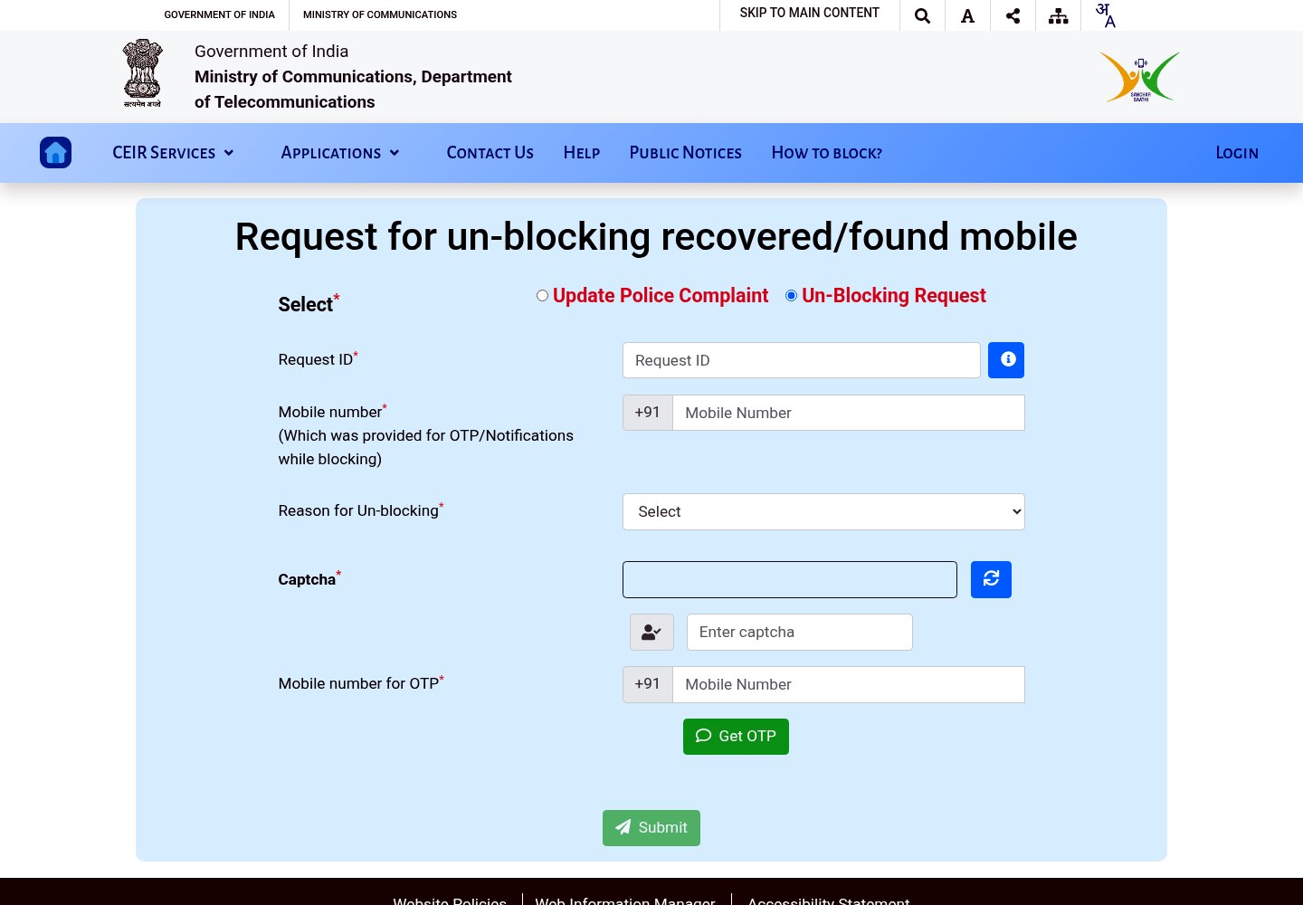 CEIR form on Sanchar Saathi for unblocking a recovered phone