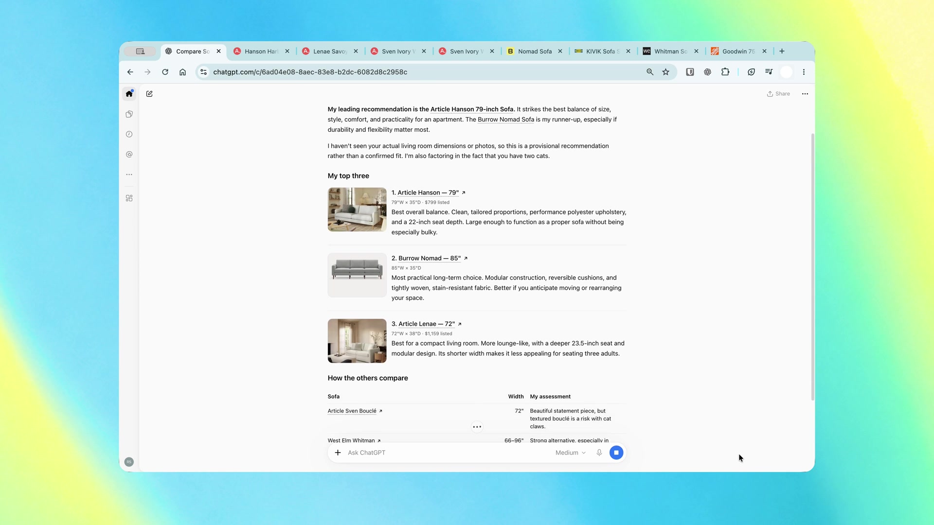 ChatGPT Chrome extension comparing sofas from several open tabs in a single answer