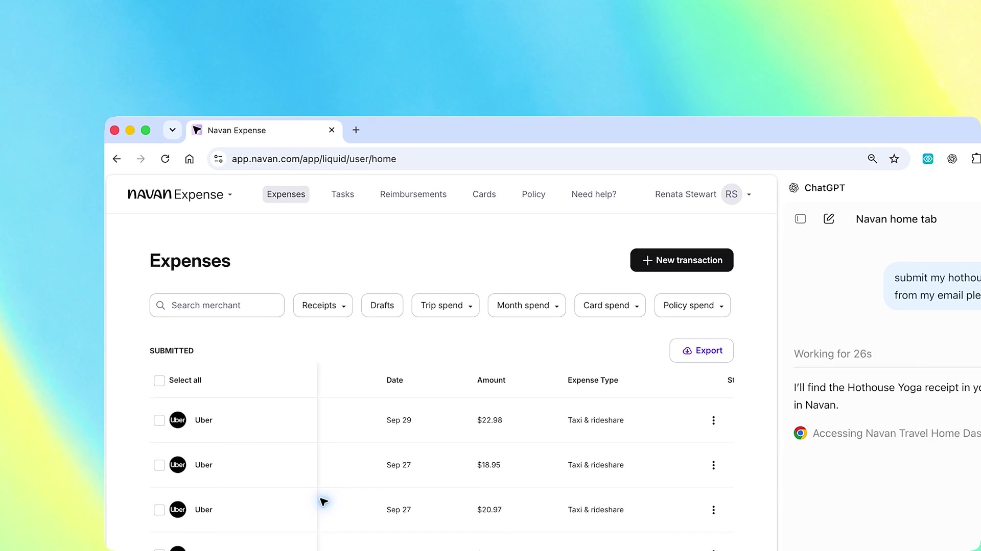 ChatGPT side chat in Chrome working on an expense report in Work mode
