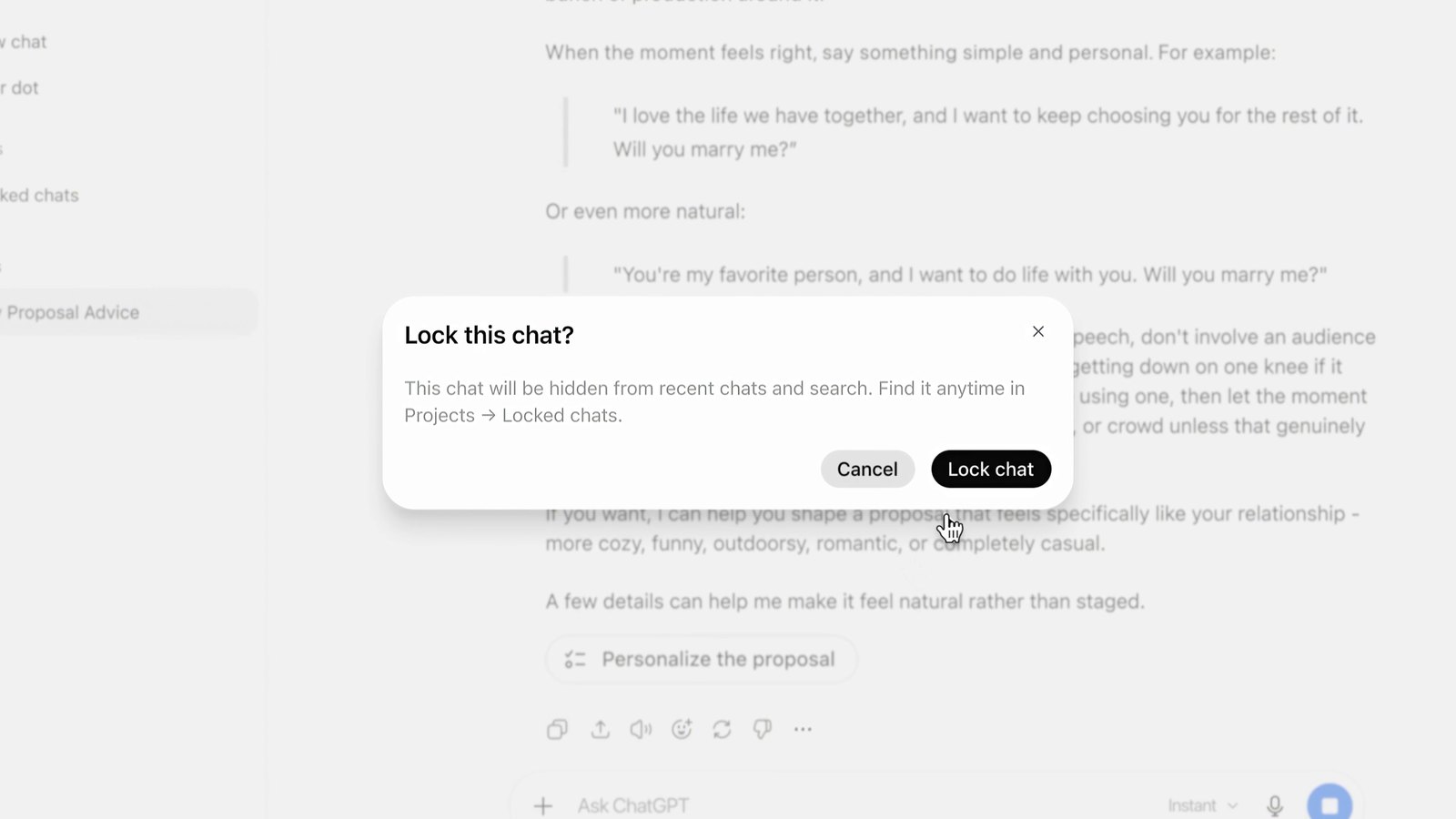 ChatGPT Lock this chat confirmation dialog saying the chat will be hidden from recent chats and search and can be found in Projects, Locked chats