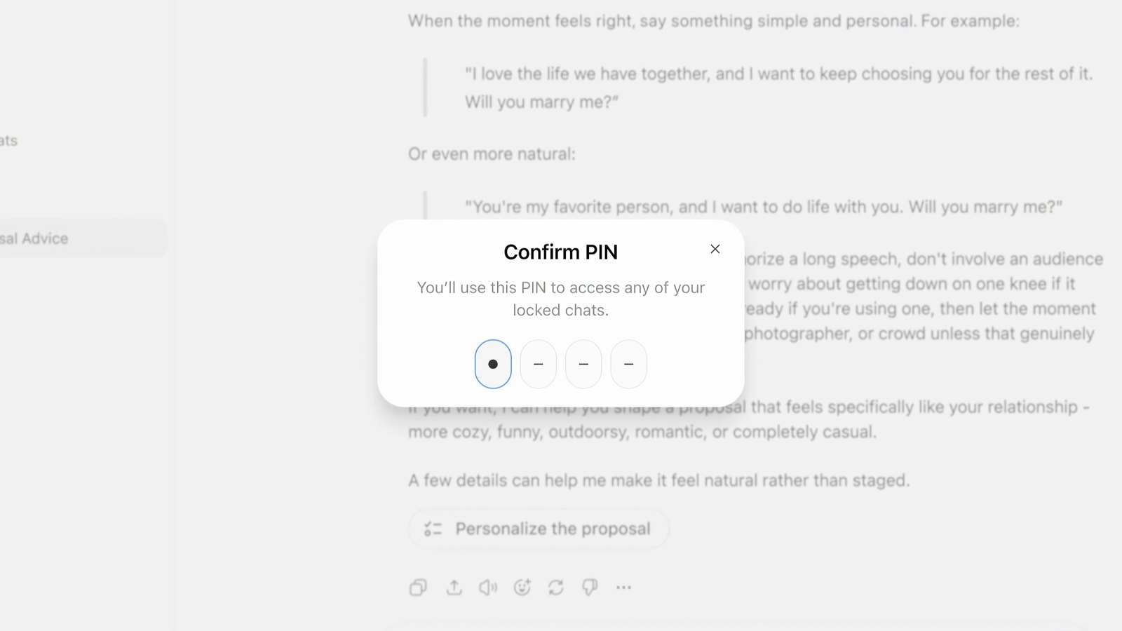 ChatGPT Confirm PIN dialog with four PIN boxes and the note that this PIN is used to access any of your locked chats