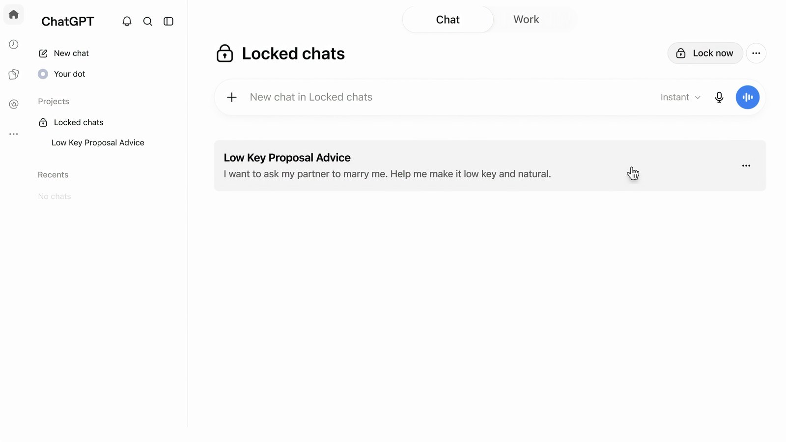 ChatGPT Locked chats project page showing one locked conversation, a new chat box and a Lock now button