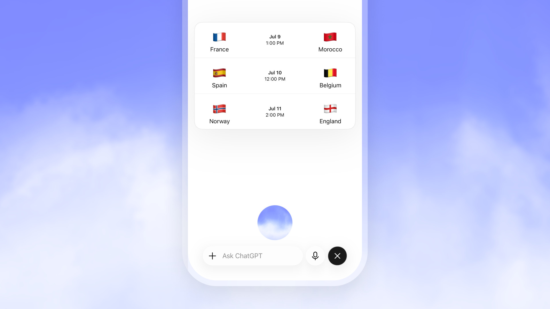 ChatGPT Voice on phone showing a sports scores widget during a Live conversation