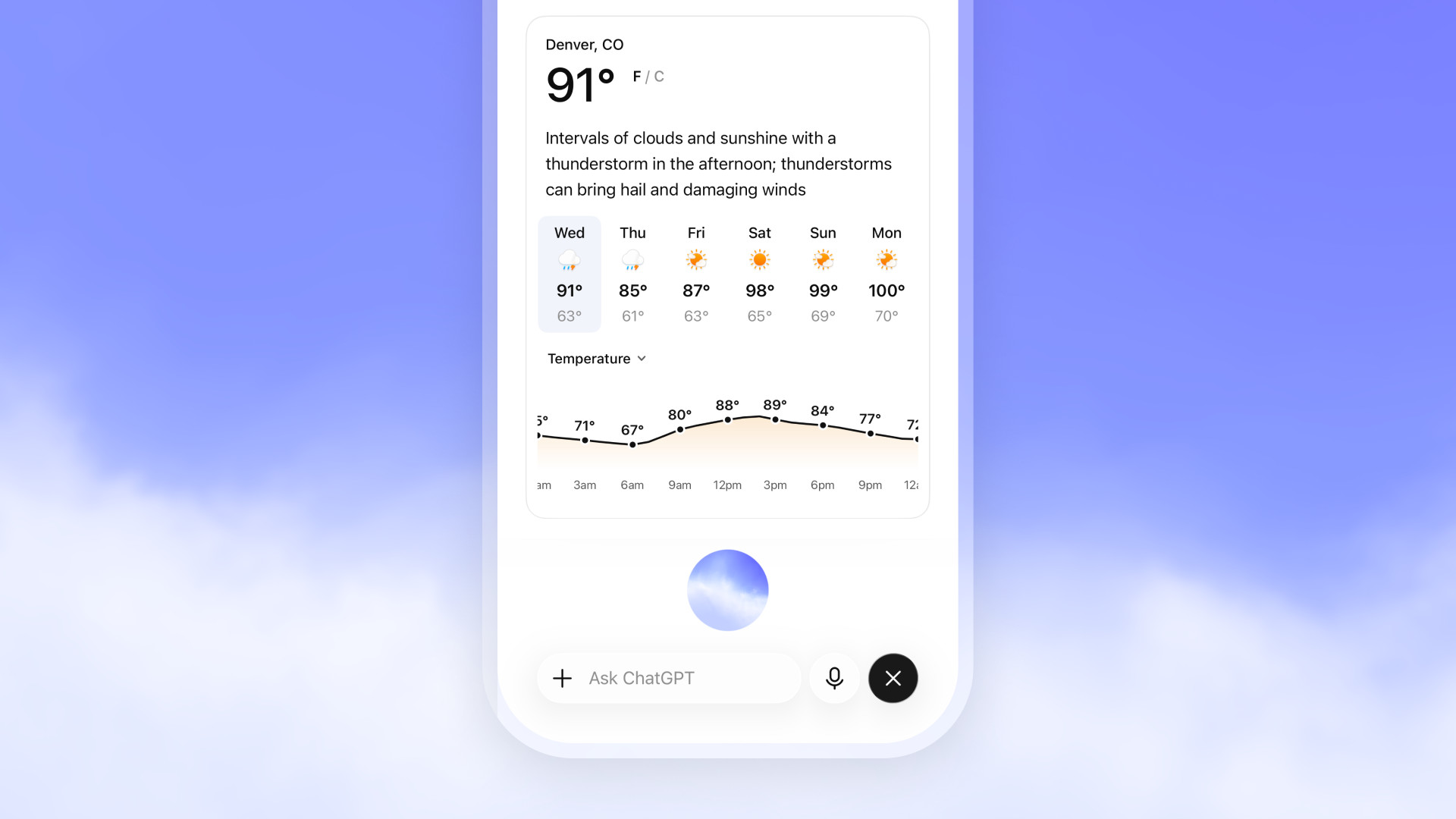 ChatGPT Voice on phone showing a weather widget during a Live conversation