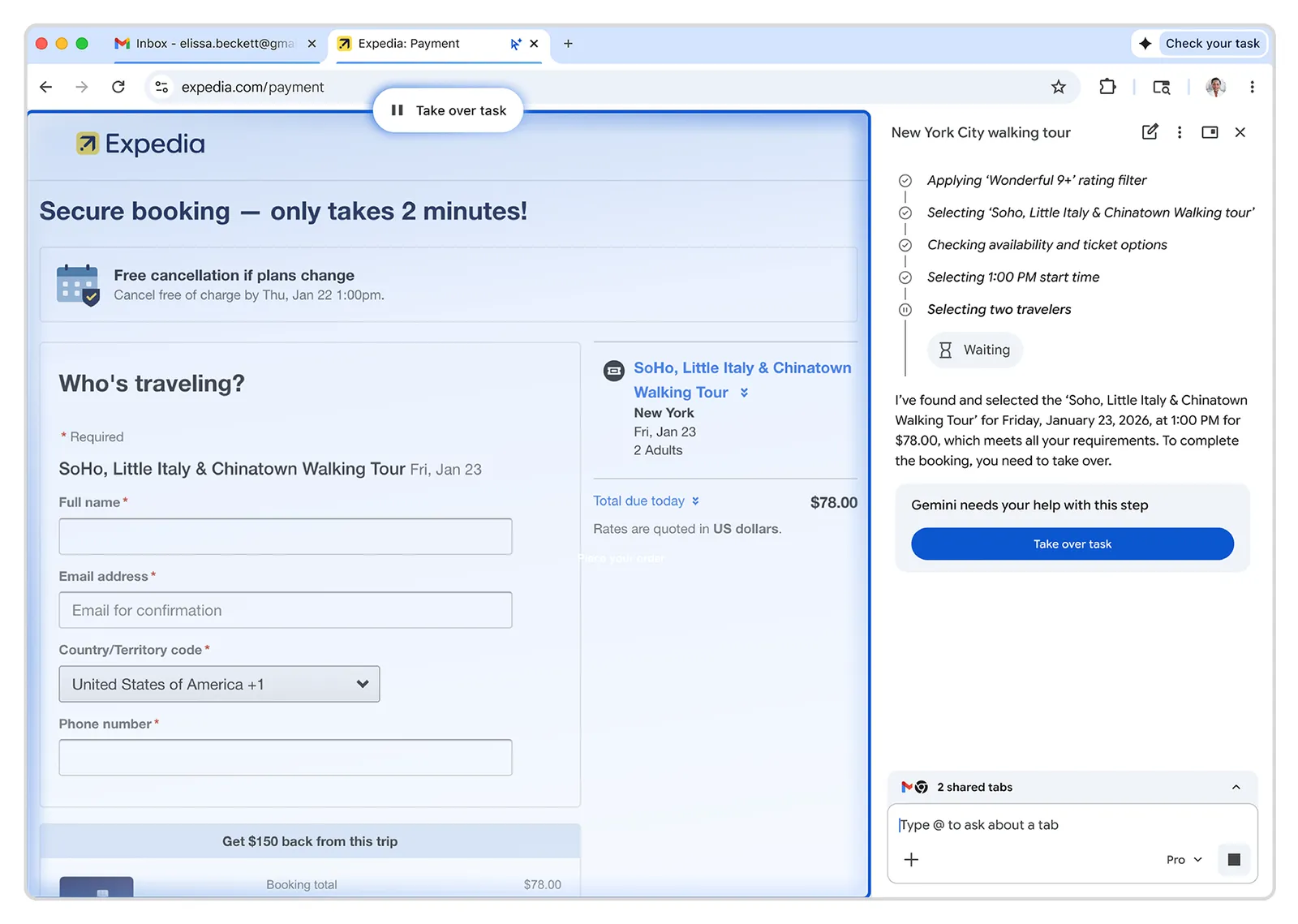 Chrome Auto Browse asks for confirmation before a sensitive action