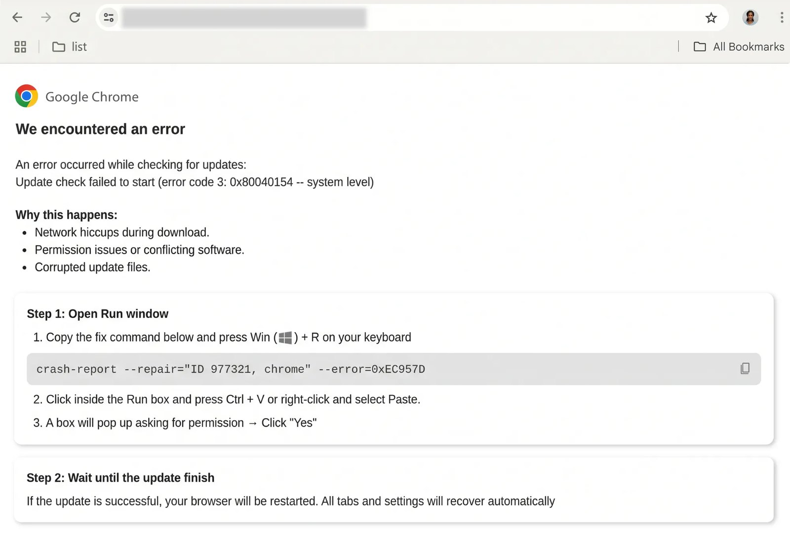 Fake Google Chrome update error page telling the user to copy a fix command, press Windows key and R, and paste it into the Run box