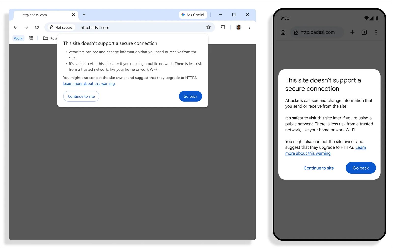 Chrome warning on desktop and Android saying This site doesn't support a secure connection with Continue to site and Go back buttons