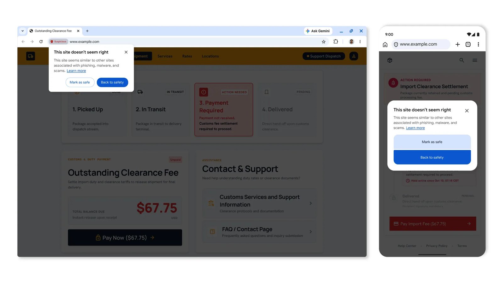 Chrome suspicious site warning on desktop and Android with a red Suspicious chip in the address bar and a This site doesn't seem right pop-up with Mark as safe and Back to safety buttons