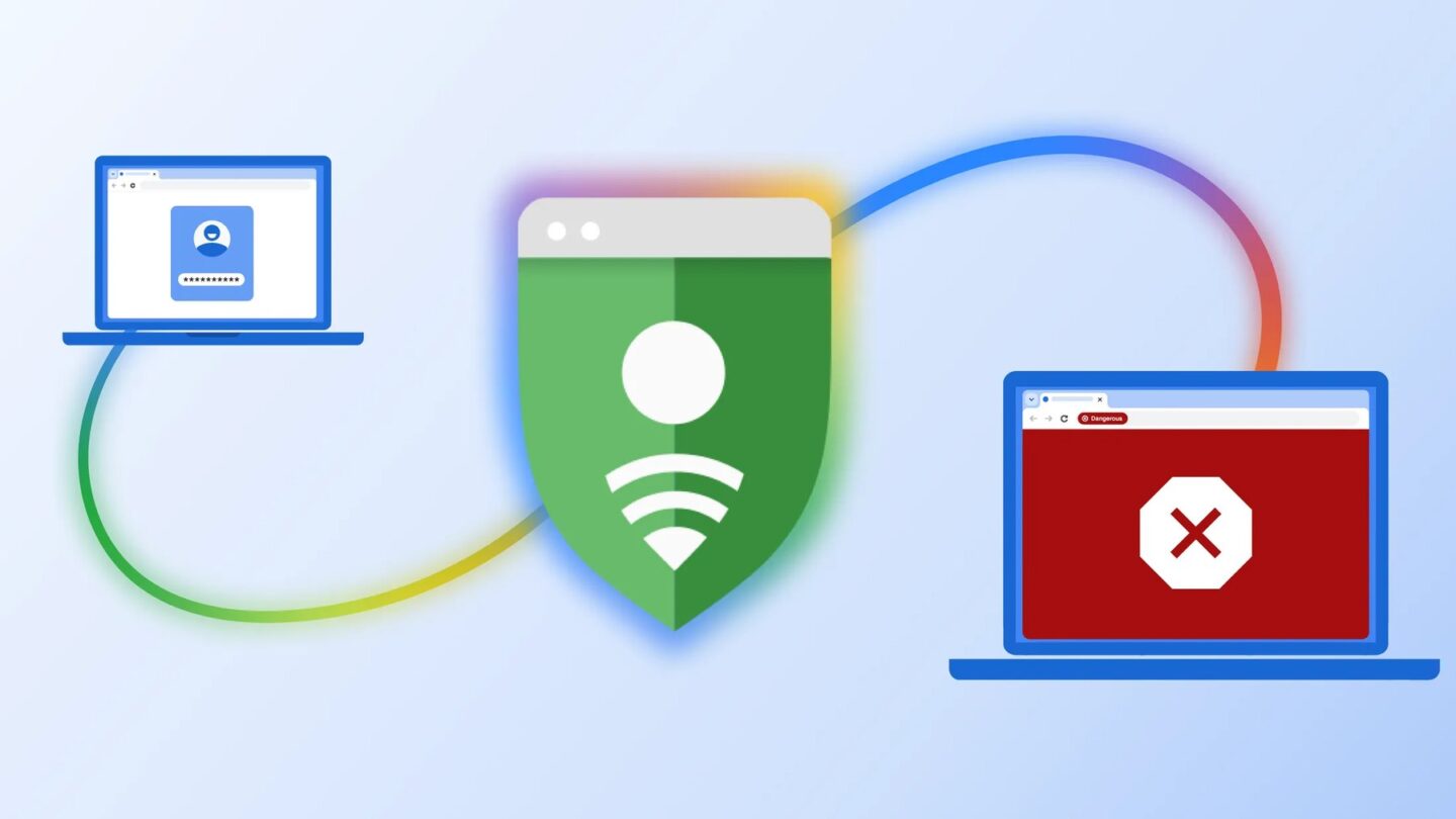 Illustration of a green Safe Browsing shield linking a laptop sign-in page to a laptop showing a red Chrome dangerous site warning