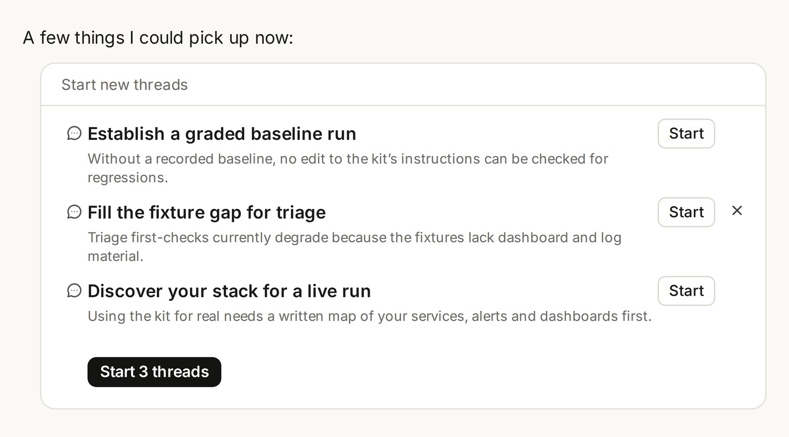 Anthropic screenshot of Claude Code Projects suggesting three new threads with Start buttons