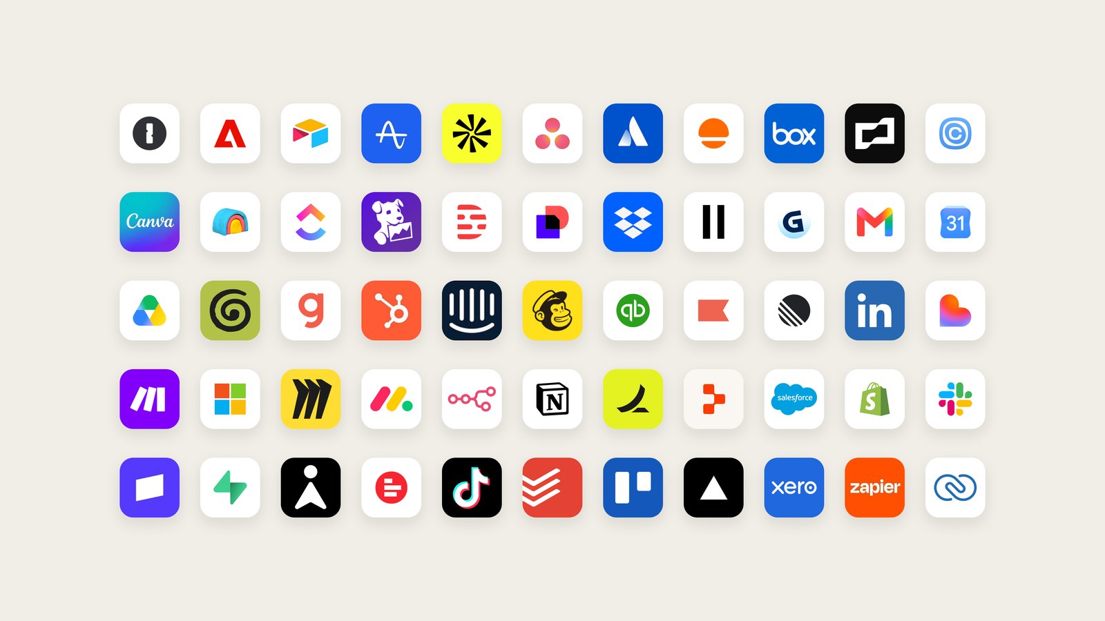 Grid of app icons that work with Claude Duet, including Canva, Gmail, Google Calendar, HubSpot, LinkedIn, Notion, Shopify, Slack, Salesforce, Xero and Zapier