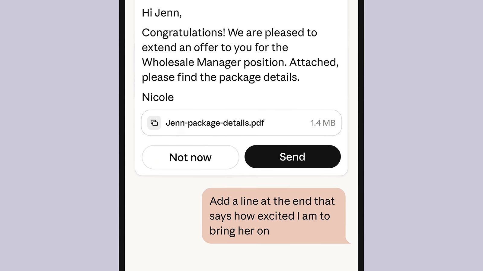 Claude Duet showing a drafted job offer email with an attached PDF and Not now and Send buttons, with the user asking it to add a line before sending