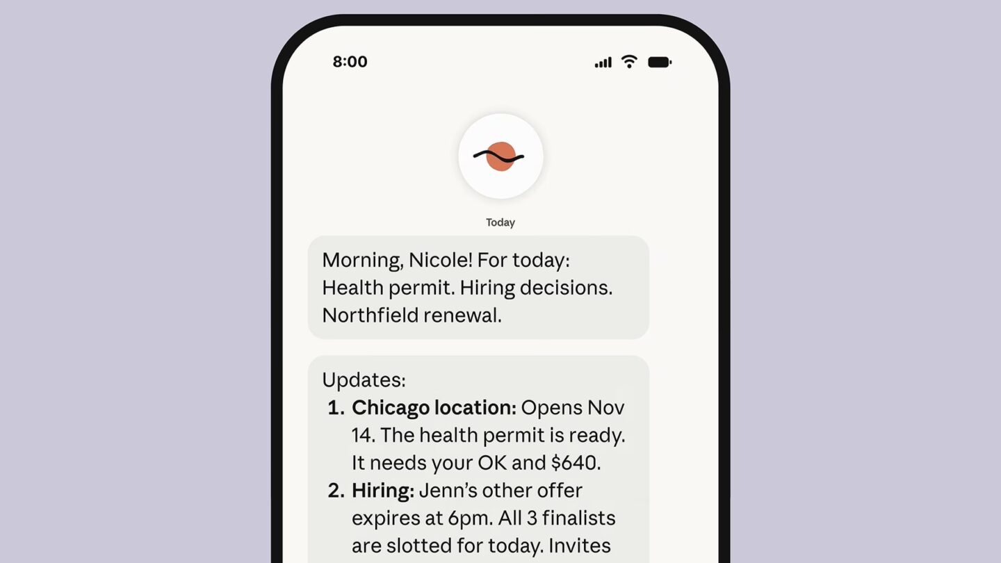 Claude Duet app on a phone showing a morning brief with updates on a health permit, hiring and a contract renewal