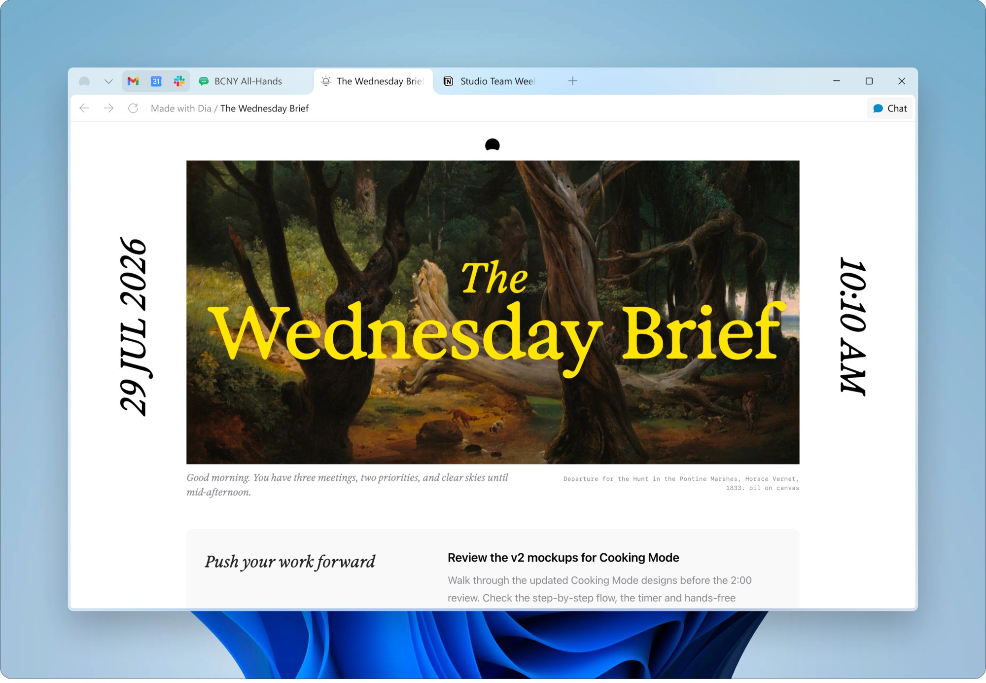 Dia browser running on Windows 11 with tabs and a Chat button in the toolbar