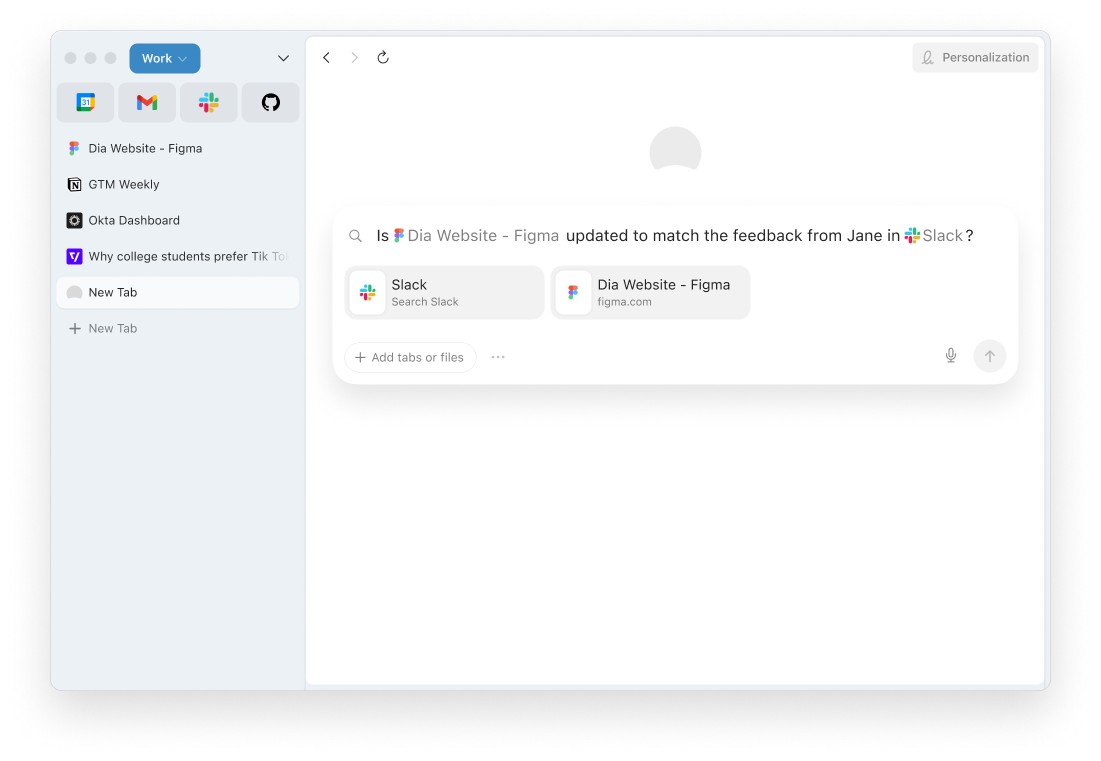 Dia browser sidebar with a Work profile, icon-only pinned apps, pinned tabs and the Dia chat box